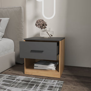 English Elm Solomon modern nightstand in natural oak & matt grey with drawer and open shelf for tidy bedside storage B128P263724