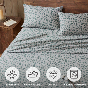 English Elm 4 Pieces Cozy 100% Cotton Flannel Sheet Set With Pine Branches Print For All-Season Comfort B035P381342