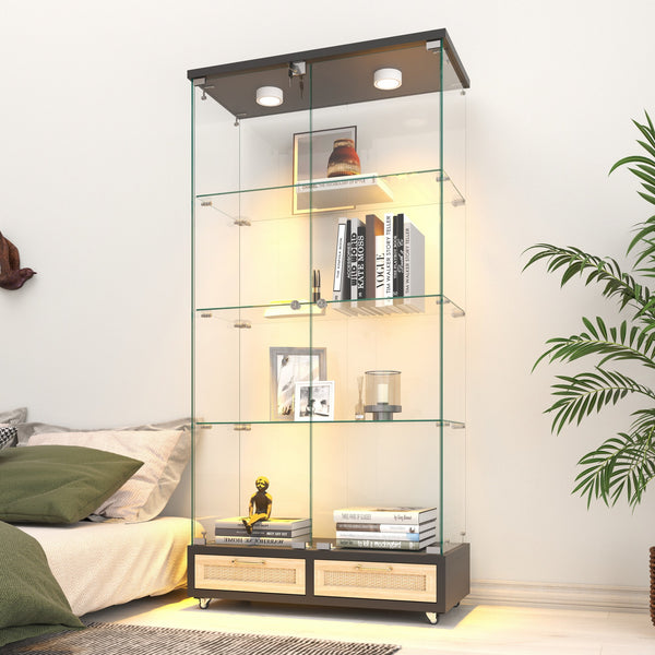 English Elm Modern Glass Display Cabinet With Led Lights, 4 Shelves & Drawers - Stylish Furniture For Collectors W241S00057
