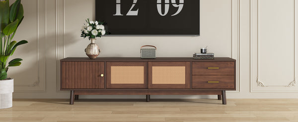 English Elm Mid Century Modern TV Stand with Rattan Sliding Doors, Solid Wood Legs, Drawers & Waterproof Top N710P257617P
