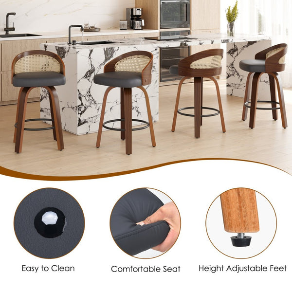 English Elm Swivel Counter Stools Set of 2 Rattan Back Pu Seat Mid Century Wood Frame Kitchen Black T3623P431195