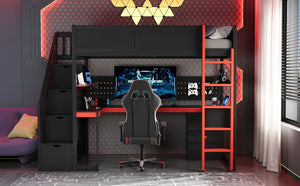 English Elm Full Size Gaming Loft Bed with Led Lighting Desk Shelves and Usb Charging Ports N820S00070J