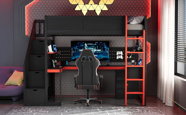 English Elm Full Size Gaming Loft Bed with Led Lighting Desk Shelves and Usb Charging Ports N820S00070J