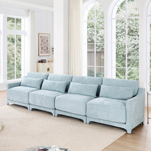 English Elm Four-Seater Chenille Sofa In Sky Blue - Ergonomic Design, Solid Wood Frame, Perfect For Lounges & Hotels W714S01210