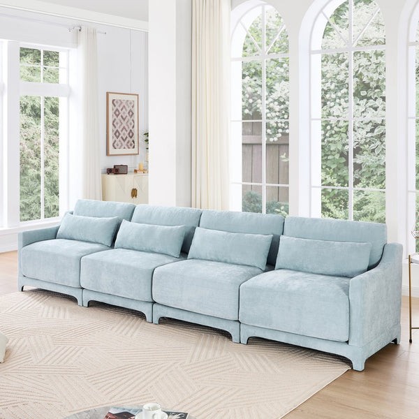 English Elm Four-Seater Chenille Sofa In Sky Blue - Ergonomic Design, Solid Wood Frame, Perfect For Lounges & Hotels W714S01210