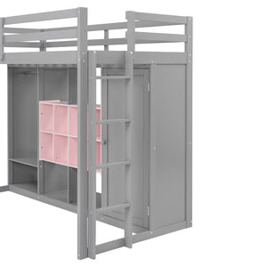 English Elm Twin Loft Bed with Wardrobe Shelves and Cabinet Kids Bedroom Wood Storage Frame Pink+Grey N708S00023E