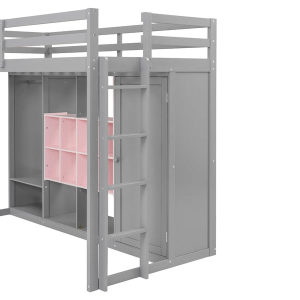 English Elm Twin Loft Bed with Wardrobe Shelves and Cabinet Kids Bedroom Wood Storage Frame Pink+Grey N708S00023E