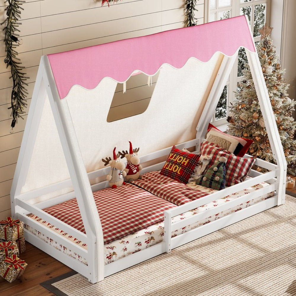 English Elm Twin Montessori Floor Bed Solid Pine Teepee Frame with Guardrails and Canopy Light W1580P369465