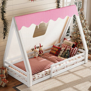 English Elm Twin Montessori Floor Bed Solid Pine Teepee Frame with Guardrails and Canopy Light W1580P369465