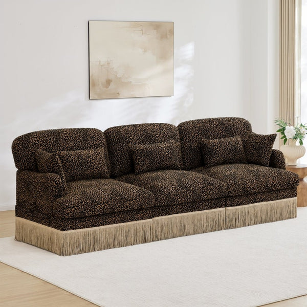 English Elm 100" Leopard Chenille Sectional Sofa with Tassel Trim Deep Seat Modular Living Room Couch Brown W5656S00013