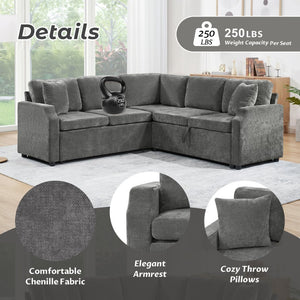 English Elm Sectional Sofa Bed - Versatile L-Shaped Chenille Sofa With Sleeper, Hidden Storage & Pillows, Gray N719S002070E-GIGA