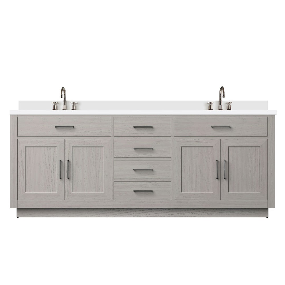 English Elm White Oak Double Bath Vanity 84" W X 22" D With White Quartz Top & Chrome Faucet Set For Luxury Bathrooms B2731P257884-GIGA