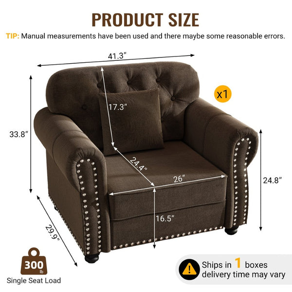 English Elm 41.3"upholstered Velvet Single Seat Sofa Button Tufted Nailhead Trim Mid-century Chesterfield Brown W1885P448721