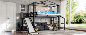 English Elm Twin Metal Loft Bed with Built-in Wardrobe Storage Stairs Led Lights and Usb Ports W5316S00045