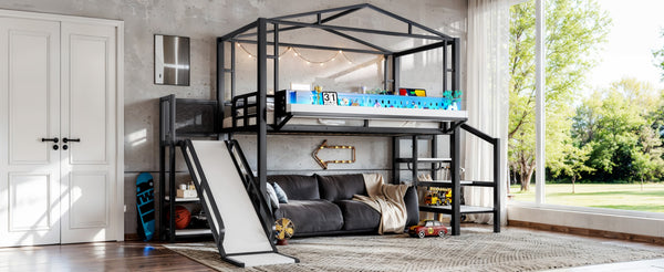 English Elm Twin Metal Loft Bed with Built-in Wardrobe Storage Stairs Led Lights and Usb Ports W5316S00045