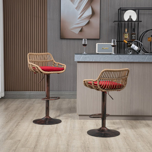 English Elm Modern Swivel Bar Stools Set of 2 Adjustable Counter Height Chairs with Linen Seat Vintage Gold Frame Red W39594820