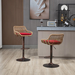English Elm Modern Swivel Bar Stools Set of 2 Adjustable Counter Height Chairs with Linen Seat, Retro Rattan Back, 360° Rotation and Footrest, Vintage Gold Base, Durable Indoor/Outdoor Seating (Seat Height 25.6–33.9") Red W39594820