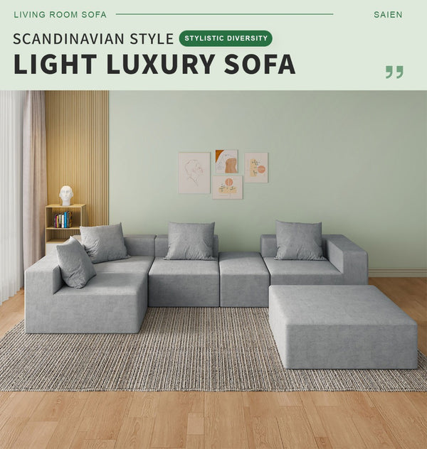 English Elm Modular Cloud Sectional Sofa with Corduroy Upholstery and Two Ottomans for Living Room W3341S00002