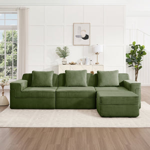 English Elm Modular 3-Seat L-Shape Sectional Sofa - Cloud-Like Comfort, Removable Pillows & Movable Ottoman, Green W3041S00332