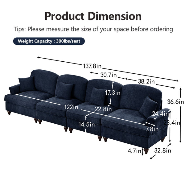 English Elm Elegant Mid Century 4 Seater Chenille Sofa With Flared Arms & Removable Skirts, Cozy & Versatile W3041S00315