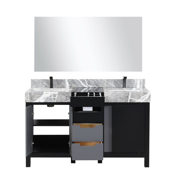 English Elm Black Double Bath Vanity Set With Castle Grey Marble Top, Gun Metal Faucet & 53" Mirror – Stylish & Durable! B2731S01026