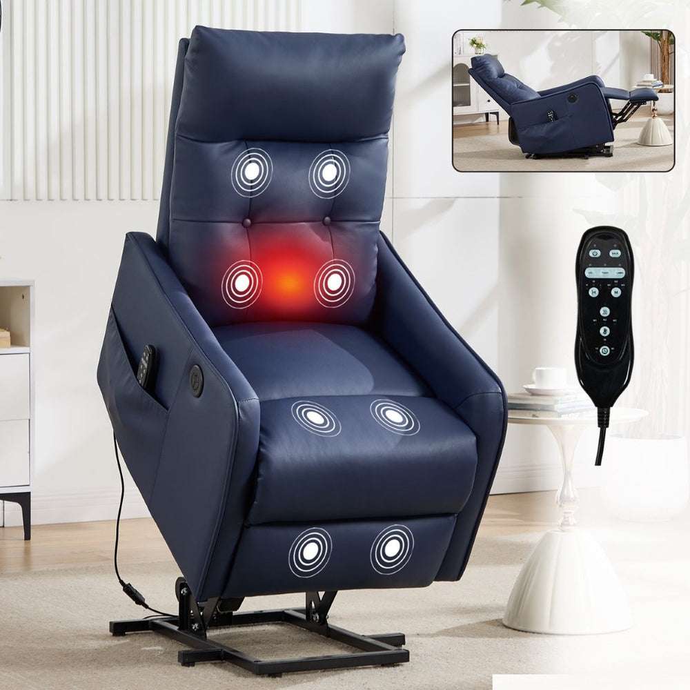 English Elm Deep Blue Pu Leather Power Lift Recliner with Massage Heat and Usb for Seniors W1803P364111