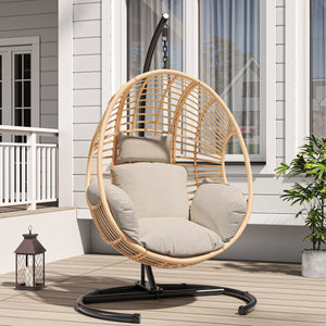 English Elm 42 Inch Hanging Egg Chair Woven Pe Rattan Patio Swing with Thick Cushion 400lb Natural W3979S00006