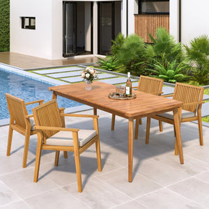 English Elm Christopher Knight Home® - 5-Piece Acacia Wood Outdoor Dining Set with Slatted Tabletop, Removable Cushions, Durable Craftsmanship Natural,Teak N779P269291N_N779P234497N-2