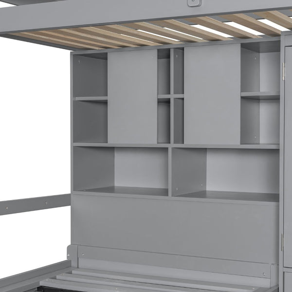 English Elm Twin Bunk Bed with Wardrobe Drawers Hydraulic Lift Shelves Kids Storage Gray LT000666AAE-1