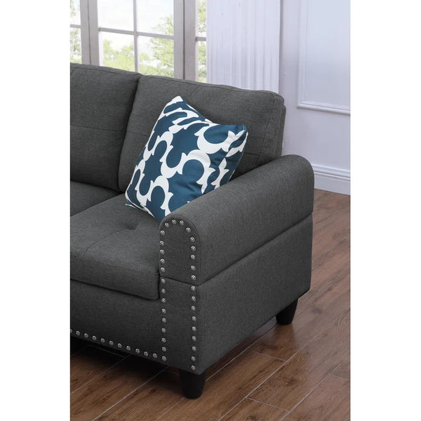 English Elm 2-Piece Alger 98" Wide Left-Hand Sofa & Chaise in Linen Blend with Tufted Backs, Nailhead Trim, Supportive Foam Cushions and Accent Pillows Dark Gray B102S00094