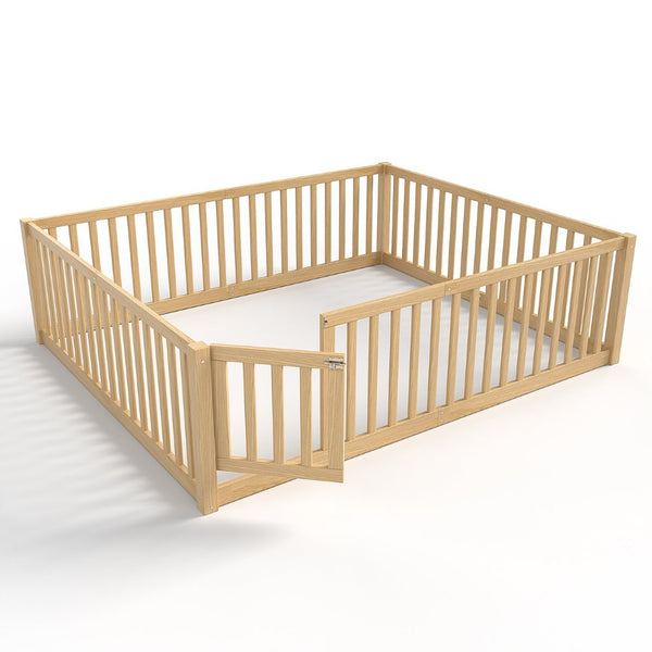 English Elm Queen Kids Floor Bed Pine Wood Frame with Safety Rails Door and Low Profile Design Natural W1580P417673