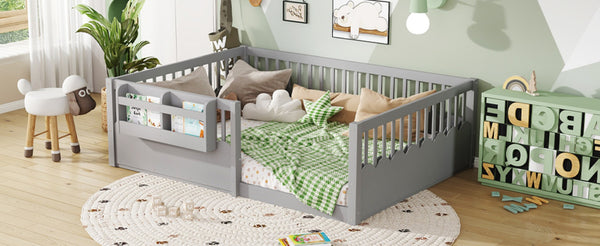 English Elm Twin Low Profile Kids Floor Bed Pine Wood Frame with Safety Rail and Built in Bookshelf Gray W1580P373140