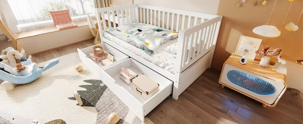 English Elm Convertible Toddler Daybed Solid Pine Kids Bed with Storage Drawers and Removable Rails White N899P429848K
