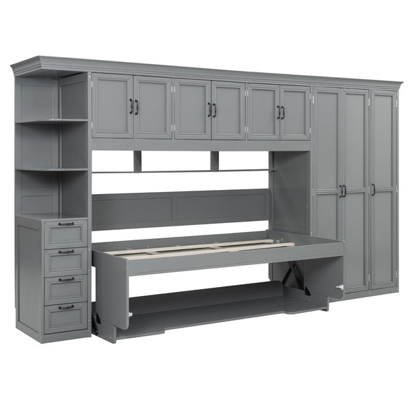 English Elm Twin Murphy Wall Bed with Integrated Desk Wardrobe and Storage Cabinet in White LP000767AAE