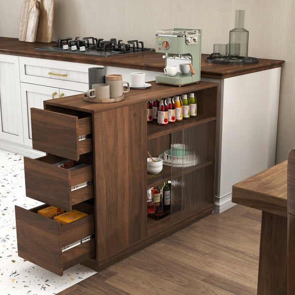 English Elm Kitchen Small Sideboard Countertop Organizer with Sliding Glass Doors, 3 Drawers & Display Shelf, Modern Storage Cabinet W331P289098