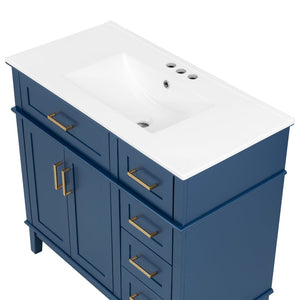 English Elm 36" Navy Bathroom Vanity Solid Wood Frame Ceramic Sink Gold Hardware Soft Close Blue N729P380151C