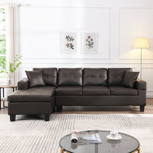 English Elm Sectional PU Sofa Set with L-Chaise, Built-In Cup Holders, Thick Foam Cushions, Modern 4-Seater Comfort Dark Brown 57.87 L x 28.35 W x 12.99 H W2297S00004