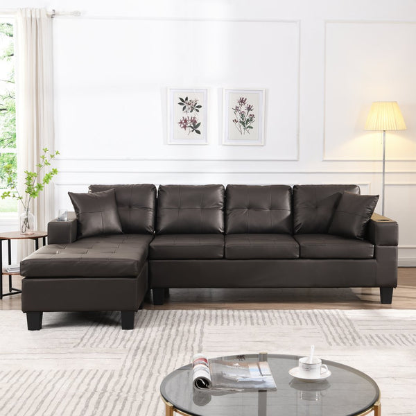 English Elm Sectional PU Sofa Set with L-Chaise, Built-In Cup Holders, Thick Foam Cushions, Modern 4-Seater Comfort Dark Brown 57.87 L x 28.35 W x 12.99 H W2297S00004