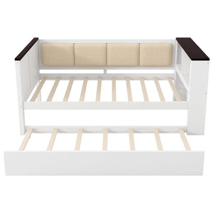 English Elm Twin Pine Wood Daybed with Trundle Upholstered Backrest Storage Shelf and Usb Port N7090002232K