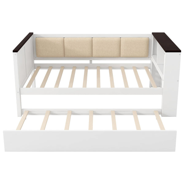 English Elm Twin Pine Wood Daybed with Trundle Upholstered Backrest Storage Shelf and Usb Port N7090002232K