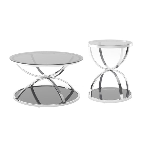 English Elm Modern Chrome Ring Frame Round Glass Coffee Table Set Two Tiers for Living Room W757S00056