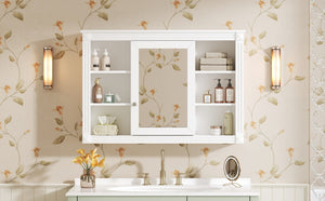 English Elm 42'' Wall Mount Medicine Cabinet White Mdf Mirror Door Six Open Shelves Towel Rod N710P363544K