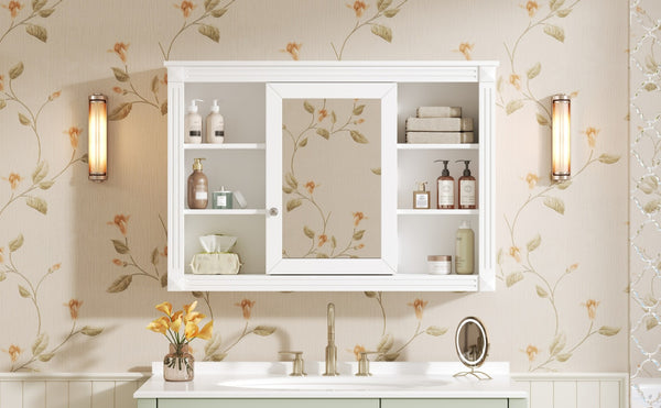 English Elm 42'' Wall Mount Medicine Cabinet White Mdf Mirror Door Six Open Shelves Towel Rod N710P363544K