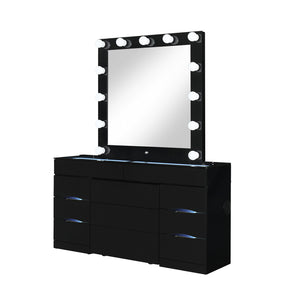 English Elm ELISA LED Vanity Set with Stool, Solid Wood & Glass Top, Built-In Speakers and Spacious Storage Black 30.75 L x 19.69 W x 28.86 H B201S00355