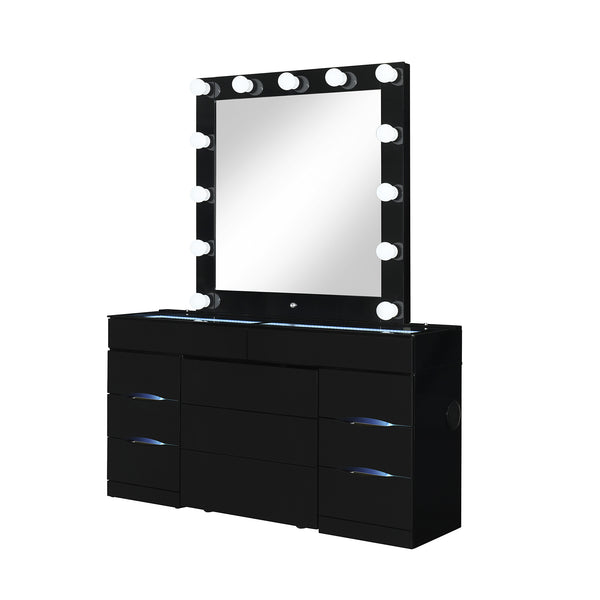 English Elm ELISA LED Vanity Set with Stool, Solid Wood & Glass Top, Built-In Speakers and Spacious Storage Black 30.75 L x 19.69 W x 28.86 H B201S00355