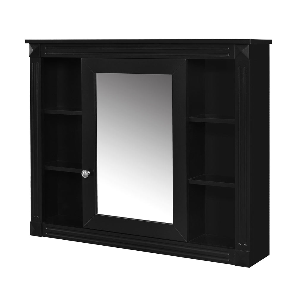English Elm 35'' Modern Wall Medicine Cabinet with Mirror, Black MDF Storage, Soft-Close Hinges, Towel Rod, Adjustable Shelves N710P197128B