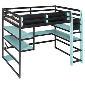 English Elm Full Size Gaming Loft Bed with Rgb Lights Wraparound Shelves and Built-in Usb Ports Blue LT000299AAC