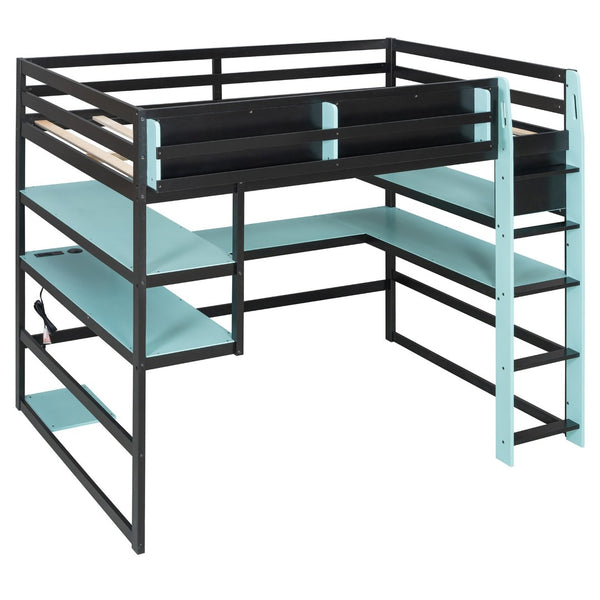 English Elm Full Size Gaming Loft Bed with Rgb Lights Wraparound Shelves and Built-in Usb Ports Blue LT000299AAC