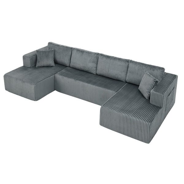 English Elm 132" U-shaped Modular Corduroy Sectional with Deep Foam Cushions for Living Room Dark Grey W5802S00003