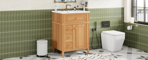 English Elm 24" Solid Pine Bathroom Vanity Cabinet with Ceramic Sink Soft Close Drawers N725P375500N